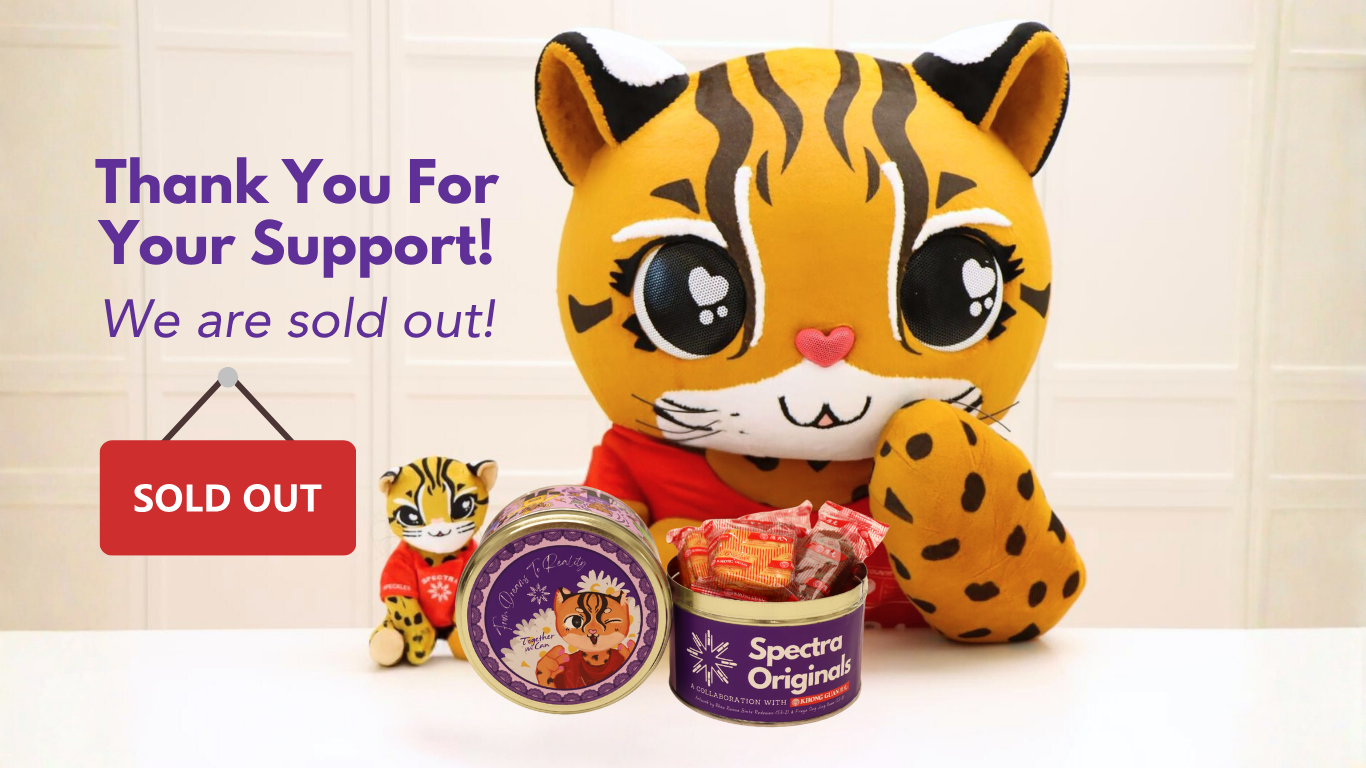 Plush toy tiger with 'Spectra Originals' products on a white background, with text indicating sold out status.